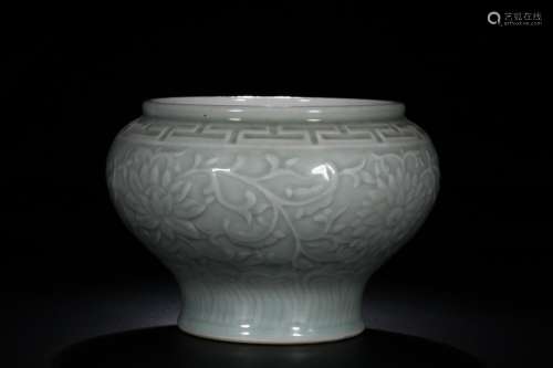 In, "year" pink blue glaze dark carved lotus flowe...