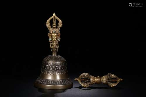 : copper and gold dorje, vajra bell two pieces of a group377...