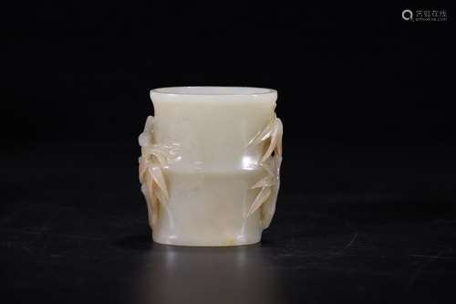 Old hetian jade bamboo pen container, four jade pen containe...