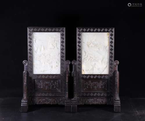 Base on the old landscape plaque pair of hetian jade, red sa...