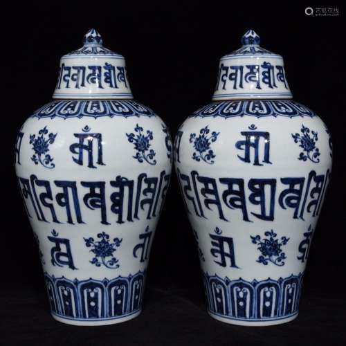 Blue and white Sanskrit mei bottlesSize 33 x17