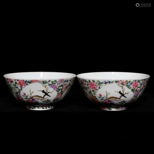 Pastel four seasons of flowers and birds green-splashed bowl...