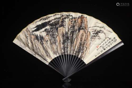 Modern masters, Lu Yanshao landscape poetry folding fan, Lu ...