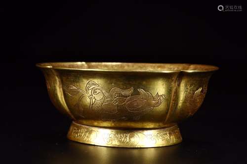 Yuanyang flower dragon: copper and gold bowls14.9 cm in diam...