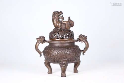 Excellent copper incense burner, copper double lion, ears, a...