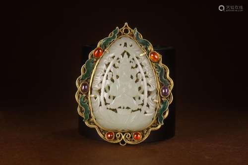 , silver and gold wire embedded in hotan white jade tara lis...