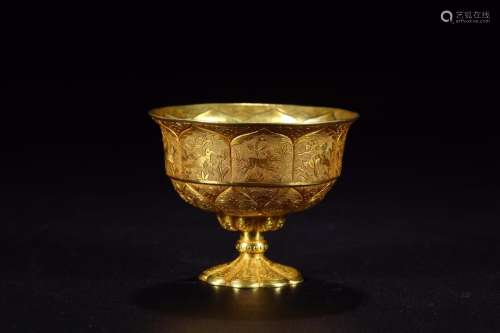copper chisel carved flowers and birds benevolent footed cup...