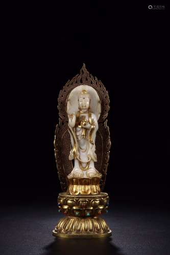 copper and gold wire embedded in hotan white jade Buddha had...