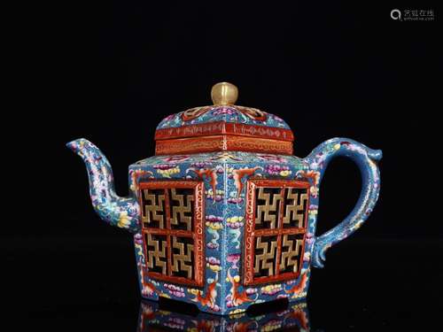 - purple colored enamel paint swastika grain square teapotSp...