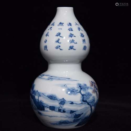 Blue and white youligong landscape character lines gourd bot...