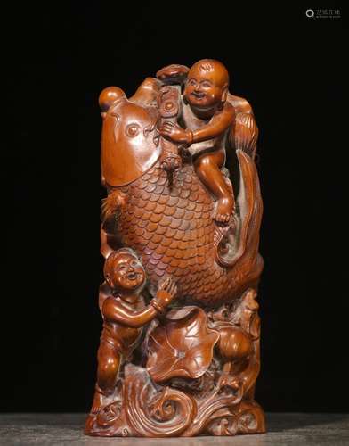 .Boxwood hand-carved lad carp tattoo furnishing articlesSize...