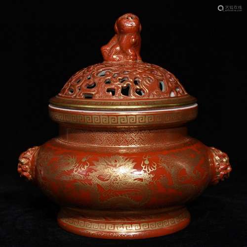 Coral red paint dragon smoked furnace, high diameter of 15.5...