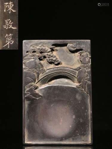 ."Chen Jingdi" hand-made old ink stone carve scene...