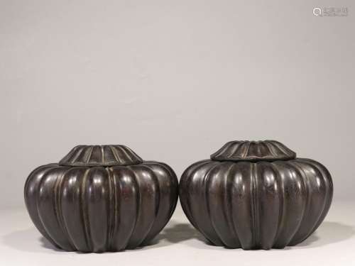 . Lobular rosewood hand-carved melon prismatic pair caddySiz...
