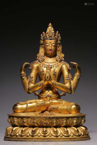 The gold, copper four arm guanyin cave of treasure27 cm high...