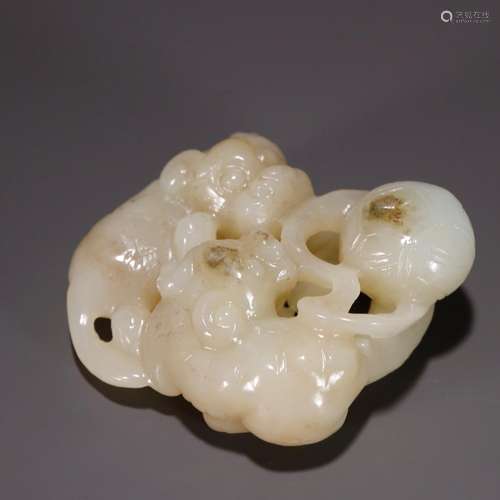 Old hetian jade, hollow out double lion play ball carvingsSp...