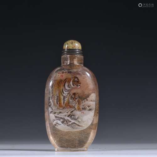 Night: wen- zhang, old crystal snuff bottle painting of moth...