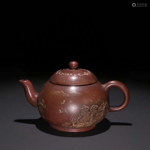 Figure the teapot: dahongpao purple sand heap carving landsc...