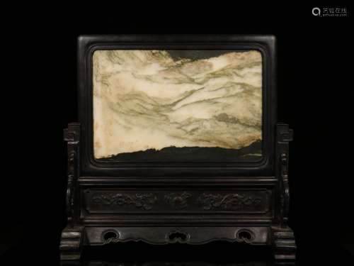 .Lobular red sandalwood inlaid natural marble plaque furnish...