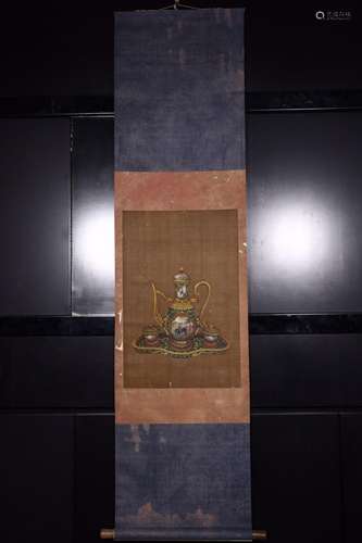 : "lang shining" antique silk scroll vertical shaf...