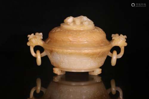 Hetian jade dragon ear furnace, monolith carved, and exquisi...