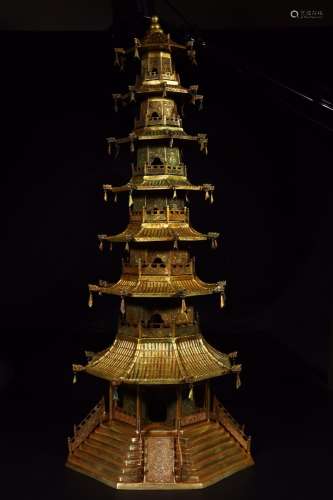 Eight square pagoda: copper and gold seven layersSize: 34 cm...