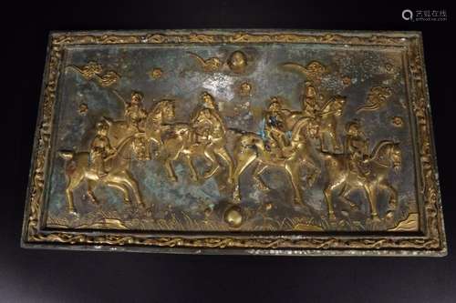 : copper and gold hunting figure tea traySize: 47.5 cm wide ...