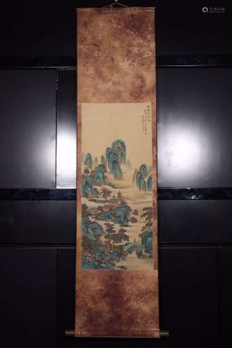 "Qian Weicheng YunGe pine green silk scroll vertical sh...