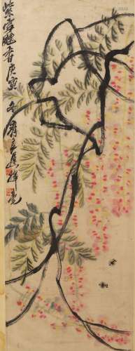 QI LIANGCHI: COLOR AND INK ON PAPER 'WISTERIA' PAINTING