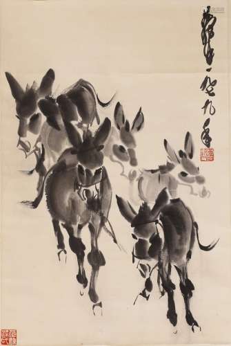 HUANG ZHOU: INK ON PAPER 'DONKEYS' PAINTING