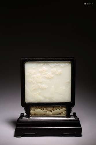 A ZITAN FRAMED WHITE JADE SQUARE TABLE SCREEN