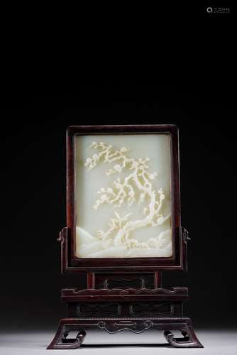 A CHINESE WHITE JADE RECTANGULAR 'PRUNUS' TABLE SCREEN