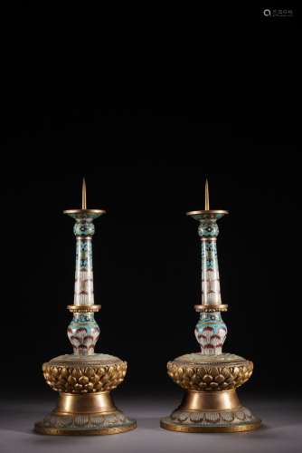 QIN DYNASTY, ENAMEL LOTUS PETALS, A PAIR OF CANDLESTICKS