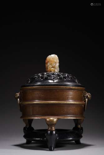 QIN DYNASTY, BRONZE TRIPOD LION EAR SMOKER