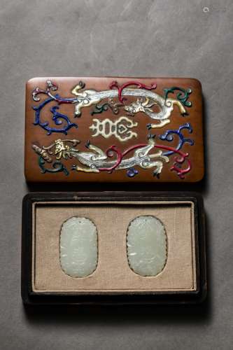 A PAIR OF WHITE JADE PLAQUES WITH BOX