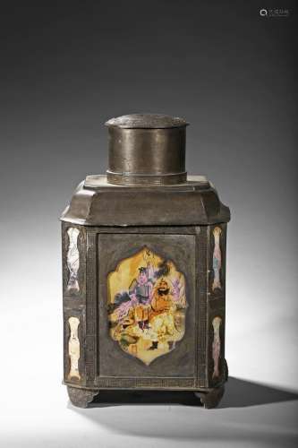 A VERY LARGE HEXAGONAL PEWTER 'STORY SCENE' TEA CADDY