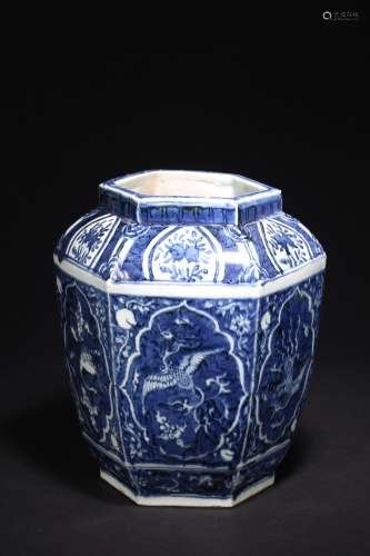 A HEXAGONAL BLUE AND WHITE JAR