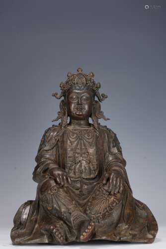MING DYNASTY, BRONZE LACQUER GOLD, GUANYIN SITTING STATUE