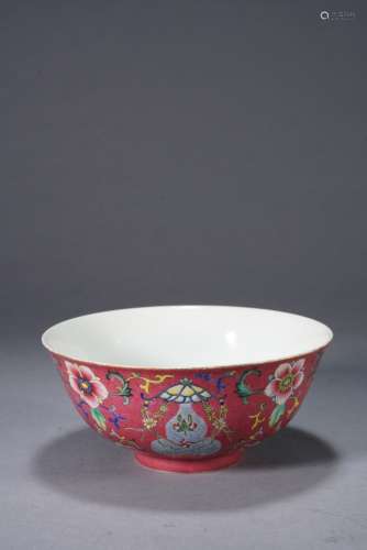A FAMILLE ROSE RED GROUND SGRAFFIATO BOWL