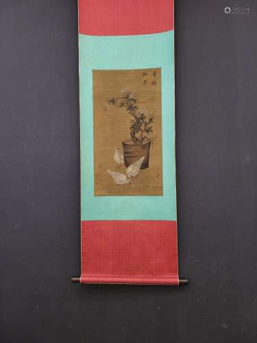 Liddy vertical silk scroll painting of flowers and birds pai...