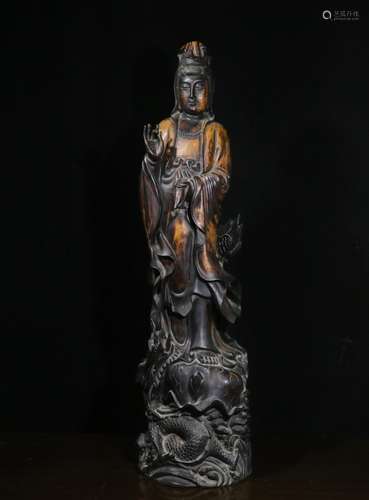 Luxurious big size rosewood carving yu guanyin stands resemb...