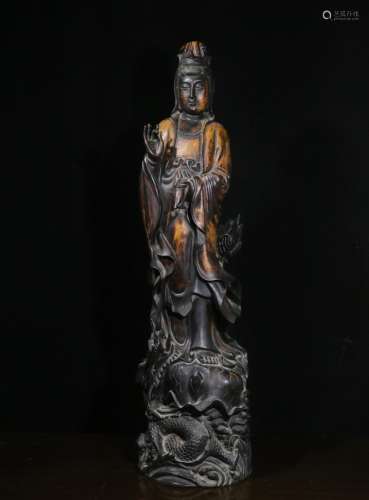 Luxurious big size rosewood carving yu guanyin stands resemb...