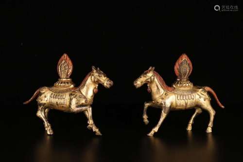 "Copper and gold horse" a pair of old TibetstyleSi...