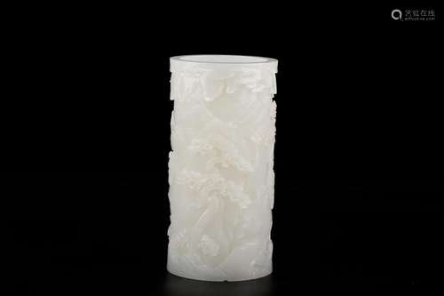 Brush pot, hotan jade landscape scenery charactersSize: 17.5...