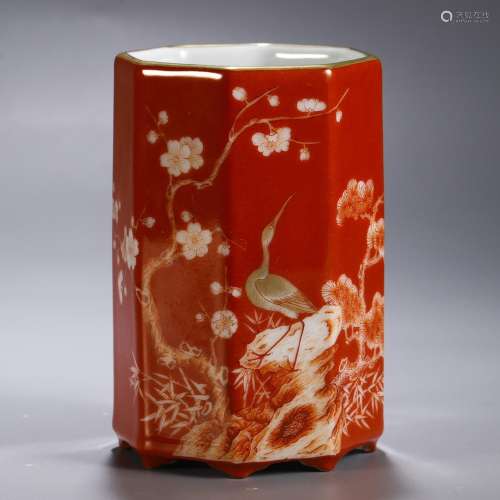 Eight side brush pot, red glaze of flowers and birdsSize, 11...