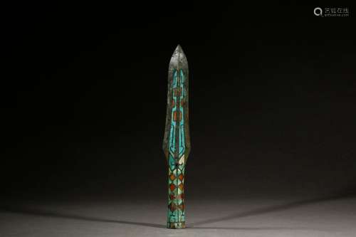 War, bronze and stone inlaid agate spearSize, 26 cm width 4 ...