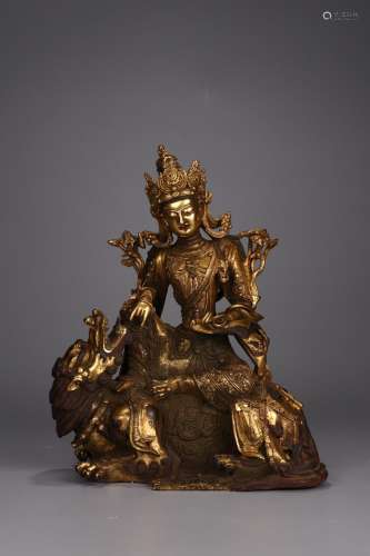 : copper and gold manjusri bodhisattva's statue25 cm lon...