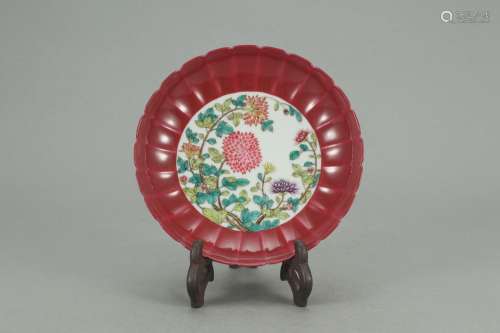 , "" red glaze medallion pastel chrysanthemum disc...