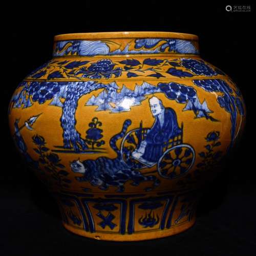 Yellow to blue and white figure pot 28.5 x37 guiguzi down th...