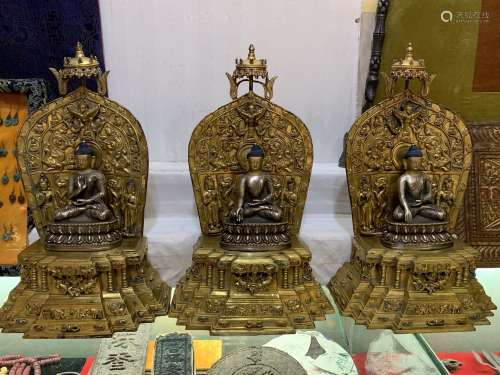 Copper and gold Buddha iii, total 41 cm tall,, 16 cm tall, B...